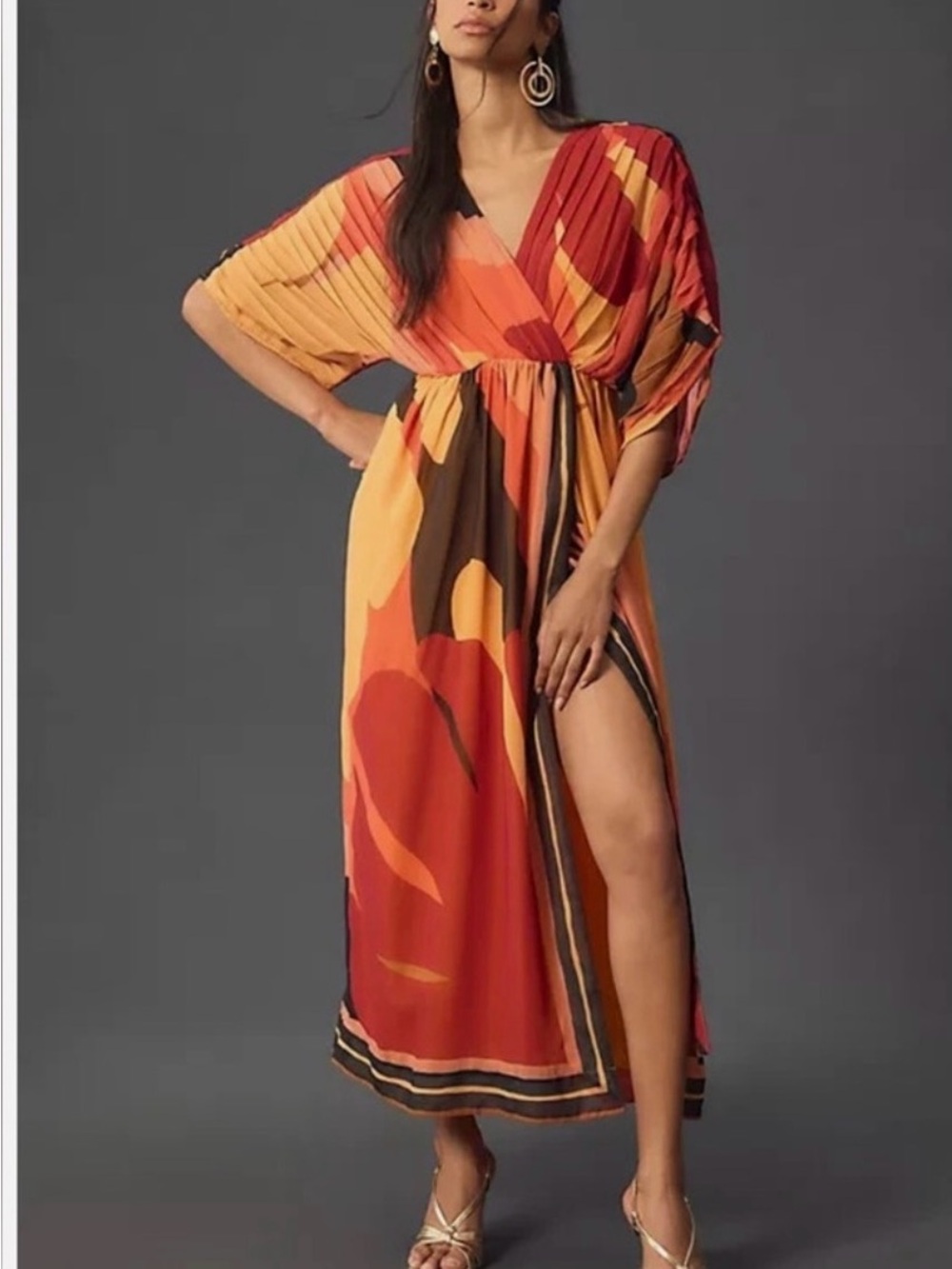 FARM Rio Pleated V-Neck Maxi Dress in Red, Orange & Brown
